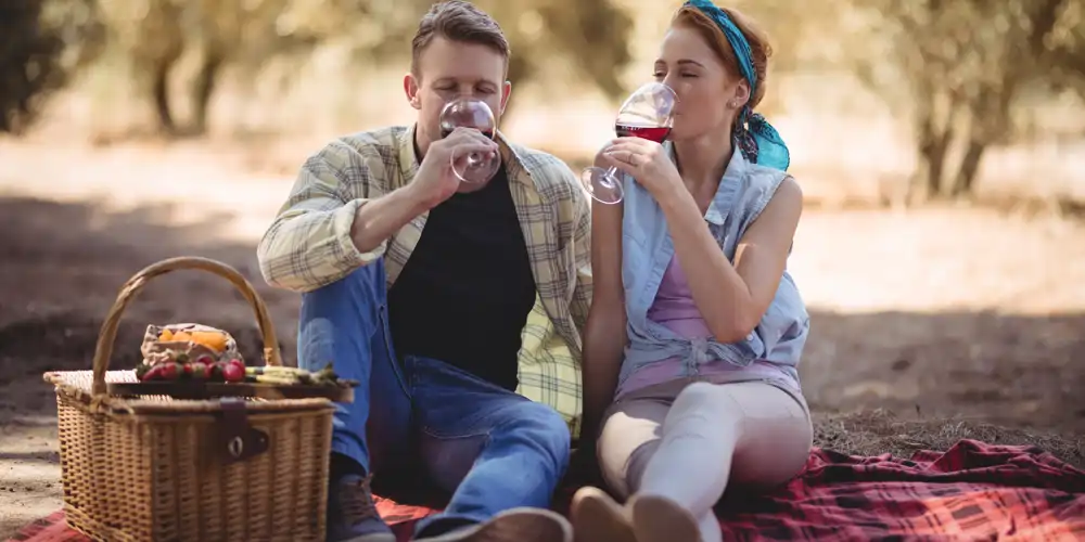 couple-consuming-wine-on-a-picnic-in-the-country A couple relaxes on a picnic blanket, enjoying a glass of red wine, illustrating the social and cultural aspects of world wine consumption in top wine-drinking countries.