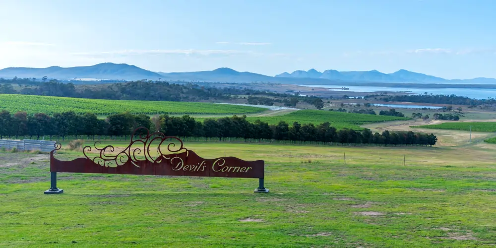 A stamped steel sign marks the entrance to Devil's Corner vineyard in Apslawn, Tasmania, overlooking tree-lined fencing and rows of lush green vines, with a rural landscape of water and distant mountains in the background. A striking scene from one of the scenic Australian wine regions