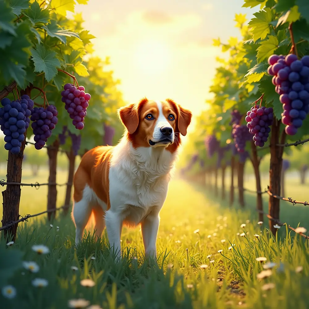 A playful dog staring intently while standing in a grassy vineyard on a sunny afternoon, with clusters of red grapes hanging from the vines. This vibrant scene captures the beauty of dog-friendly wineries in the Hunter Valley and the joy of a Hunter Valley wine tasting with dogs