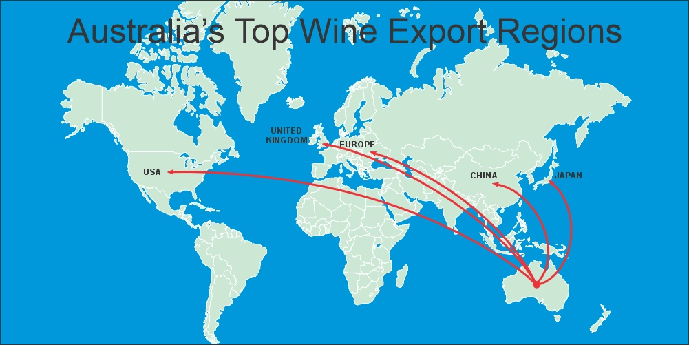 australian-wine-exports A graphic illustrating Australia's leading wine export markets, highlighting key international destinations for Australian wine production