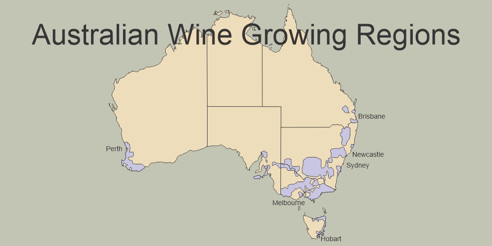 australian-wine-growing-areas A map of Australia detailing its various wine growing regions, illustrating the geographical diversity of Australian wine production