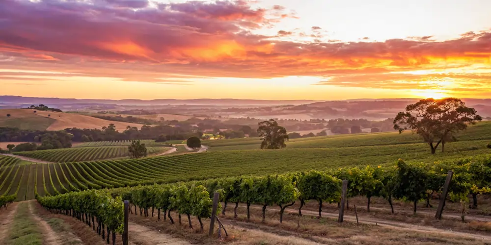 barossa-valley-vineyard-panorama A golden sunrise illuminates sleepy rolling hills in the distance, with rows of lush grape vines cascading down a gentle slope interspersed by native trees, capturing the tranquil beauty of Australian wine production