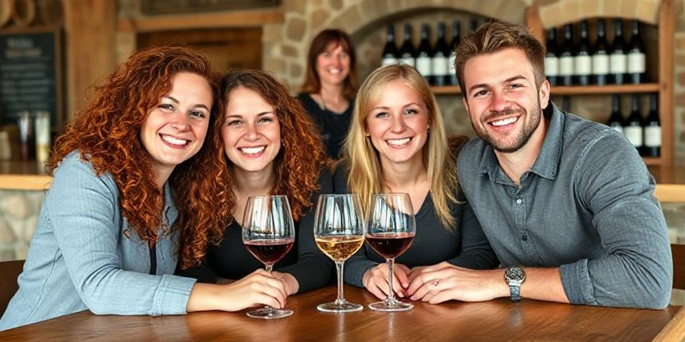 four-friends-at-a-hunter-valley-cellar-door-wine-tasting A smiling group of young friends, three women and one man, enjoying glasses of red and white wine while seated at a rustic timber table inside the unique surrounds of a stone cellar door. The warm, character-filled setting features a blurred image of a wine attendant in the background, standing beside rows of neatly displayed wine bottles on timber shelves. This inviting scene reflects the relaxed yet refined atmosphere created through well-organised Hunter Valley cellar door bookings, where guests can savour premium wines in charming, authentic spaces