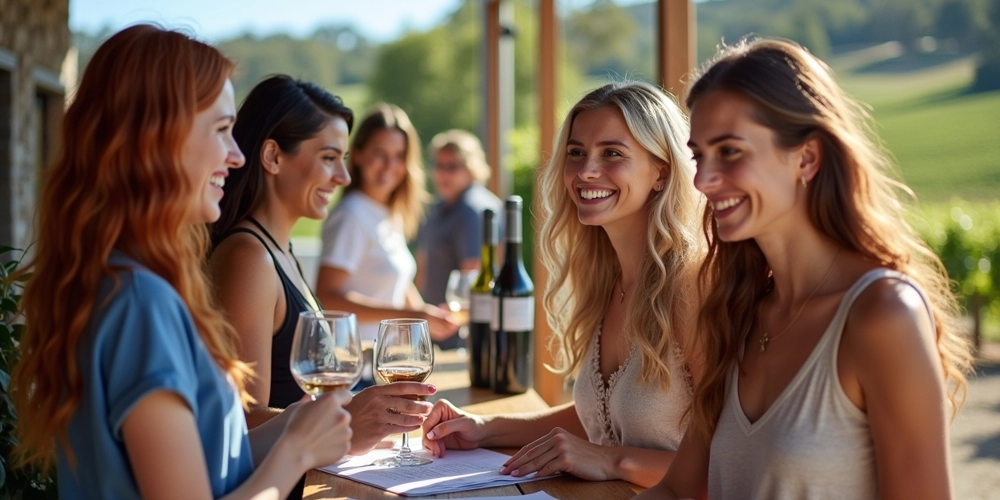 four-girlfriends-enjoying-hunter-valley-cellar-door-bookings Four beautiful young women smiling and enjoying crisp white wine while seated at an outdoor table in the warm sunshine during a relaxed wine tasting event at a Hunter Valley cellar door. In the background, a blurred image shows a busy sommelier attending to her tasks, serving the group and other visitors. This vibrant and welcoming scene captures the charm and hospitality that comes with well-planned Hunter Valley cellar door bookings, offering guests priority service, scenic settings, and memorable wine experiences