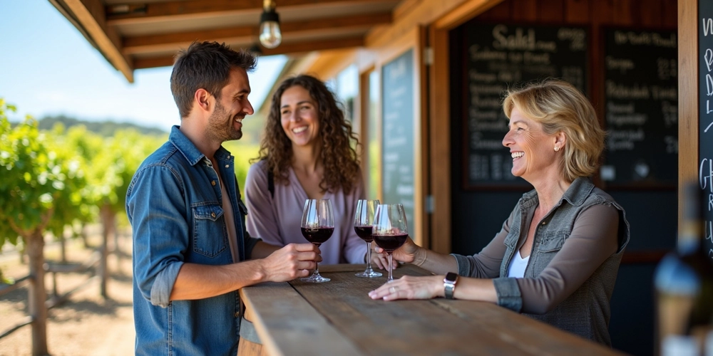 friends-enjoying-a-romantic-wine-tasting A ruggedly handsome young man smiles warmly as he chats casually with an attractive middle-aged woman with short blonde hair, both leaning over a timber tabletop set atop a wine barrel during an outdoor Hunter Valley wine tasting amongst the lush green vines. His girlfriend, an attractive woman with long, flowing curly brown hair, gazes at him lovingly during the conversation. This charming vineyard moment captures the relaxed atmosphere and personal connections often enjoyed through well-planned Hunter Valley cellar door bookings