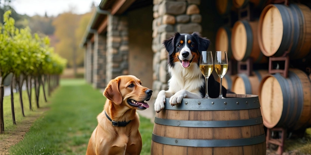 Labrador and border collie on a Hunter Valley dog friendly wine tour, sitting beside a wine barrel with two glasses of white wine, vineyard vines with a blurred background to show depth of field