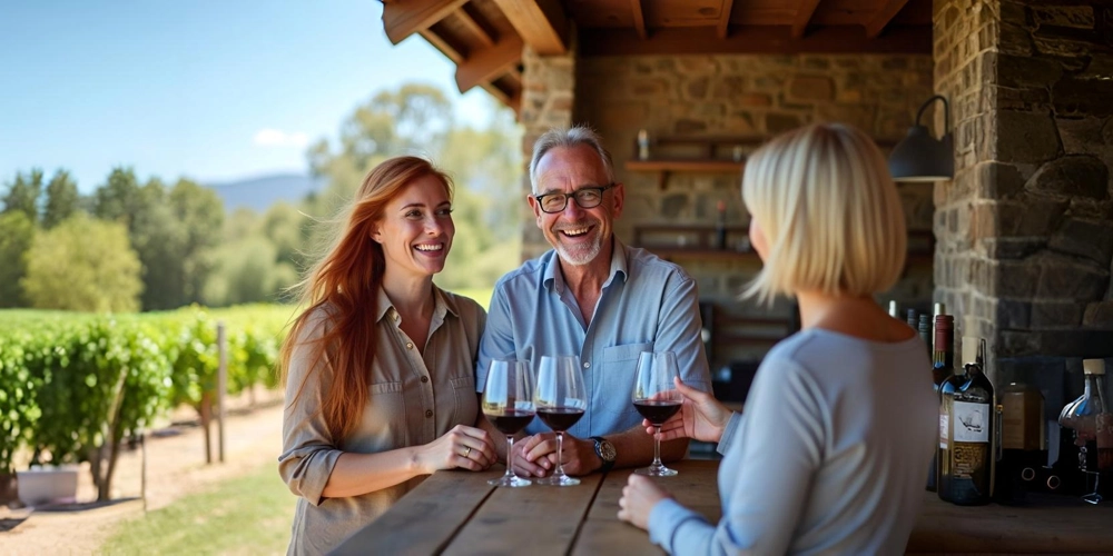 middle-aged-happy-couple-at-vineyard-tasting-wine Happy middle-aged couple enjoying red wines served by a sommelier at a vineyard during their Hunter Valley cellar door bookings experience