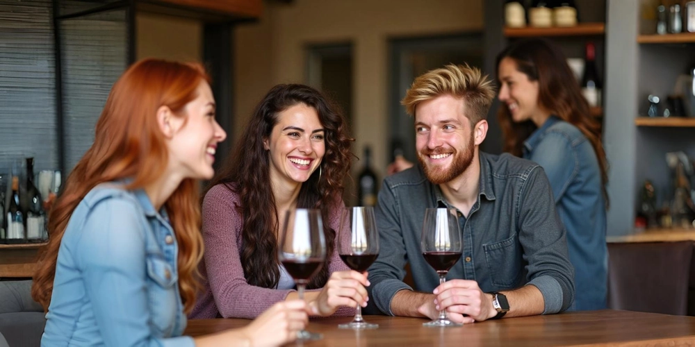 two-young-couples-at-a-cellar-door-booking A group of young friends relaxing indoors at a polished timber table, sharing glasses of premium red wine and lively conversation during their Hunter Valley cellar door bookings experience at a boutique vineyard