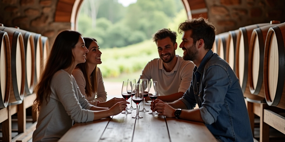 two-young-couples-seated-together-at-a-vineyard-wine-tasting Two smiling couples seated at a long timber table enjoying glasses of red wine, surrounded by stacked wine barrels in a stone cellar door, with an arched doorway framing grapevines sloping down a hillside and wooded trees beyond, capturing the charm and value of Hunter Valley wine tasting prices