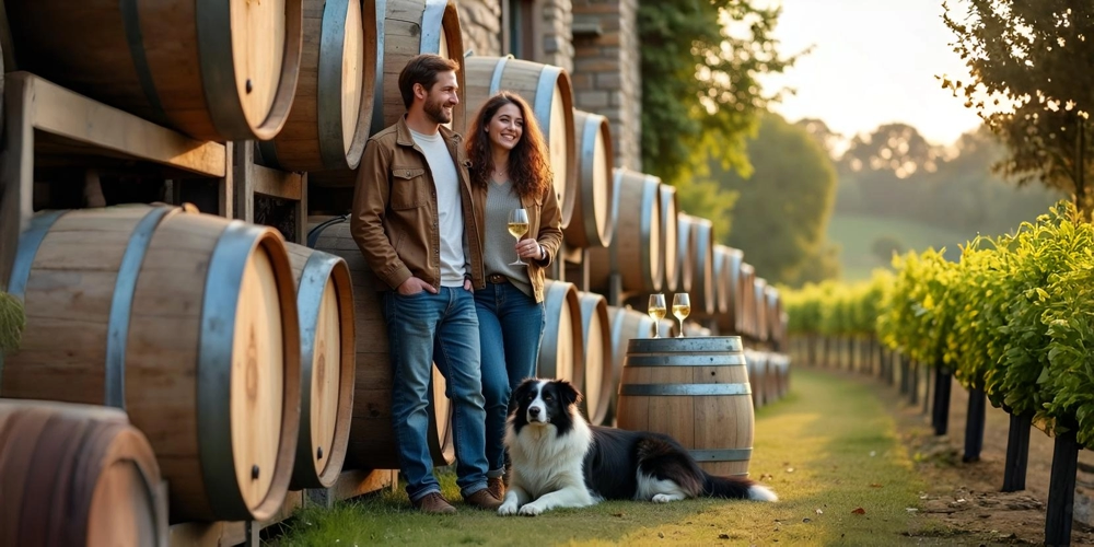 Young couple relaxing against wine barrels during a Hunter Valley dog friendly wine tour, gazing at vineyard vines with their border collie lying peacefully at their feet