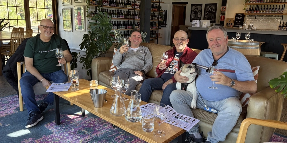 Hunter Valley Wine Tours 9 A group of 4 friends enjoy a leisurely wine tasting at a Pokolbin winery on a dog-friendly Hunter Valley wine tour